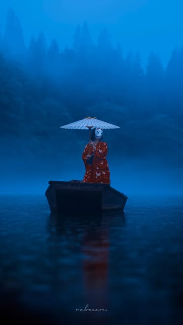 青い霧に包まれた水辺。舟の上で和傘を差す人物。
